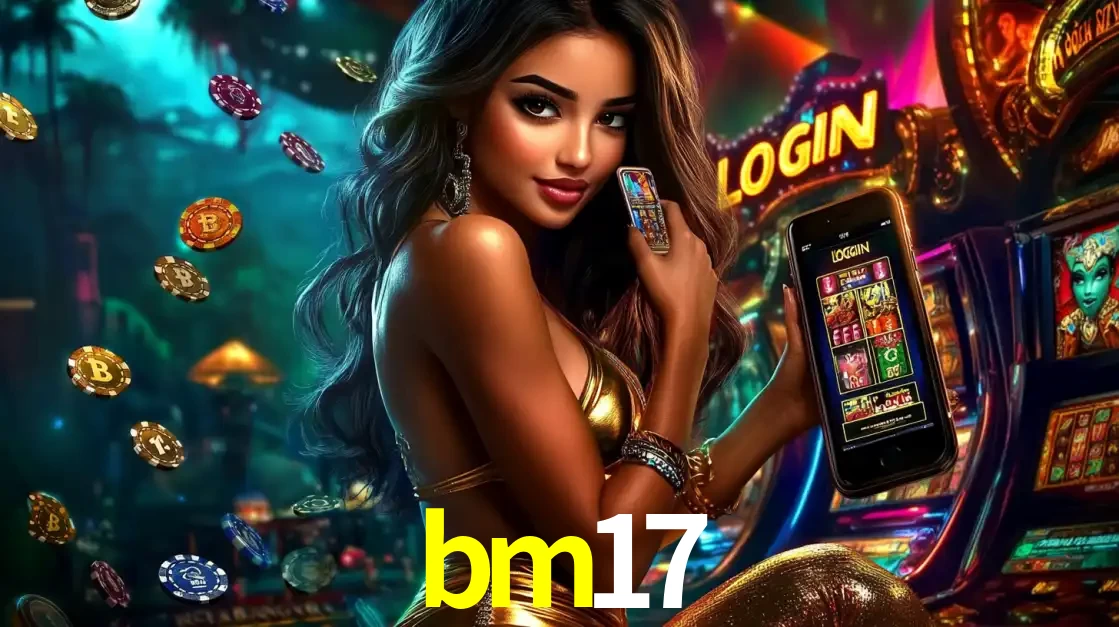 Mulher em um cenário de cassino temático de aventura, mostrando o app de caça-níqueis da bm17 no celular. Fichas de apostas flutuam ao redor.