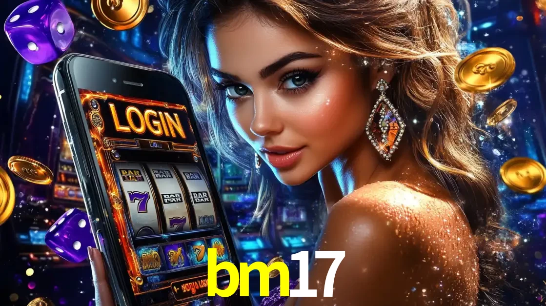 Mulher glamorosa segurando um smartphone com a tela de login para os jogos de caça-níqueis do cassino online bm17, com moedas de ouro e dados ao redor.