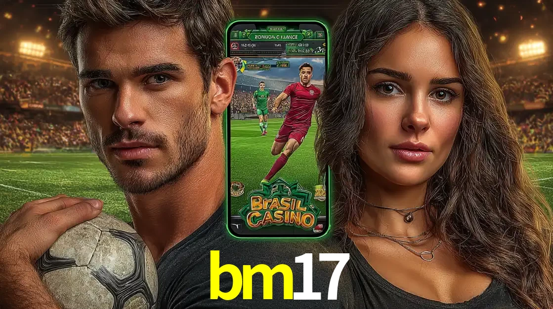 Homem segurando uma bola de futebol e uma mulher ao lado de um smartphone exibindo o jogo de apostas esportivas da bm17. Faça seu palpite no cassino online.